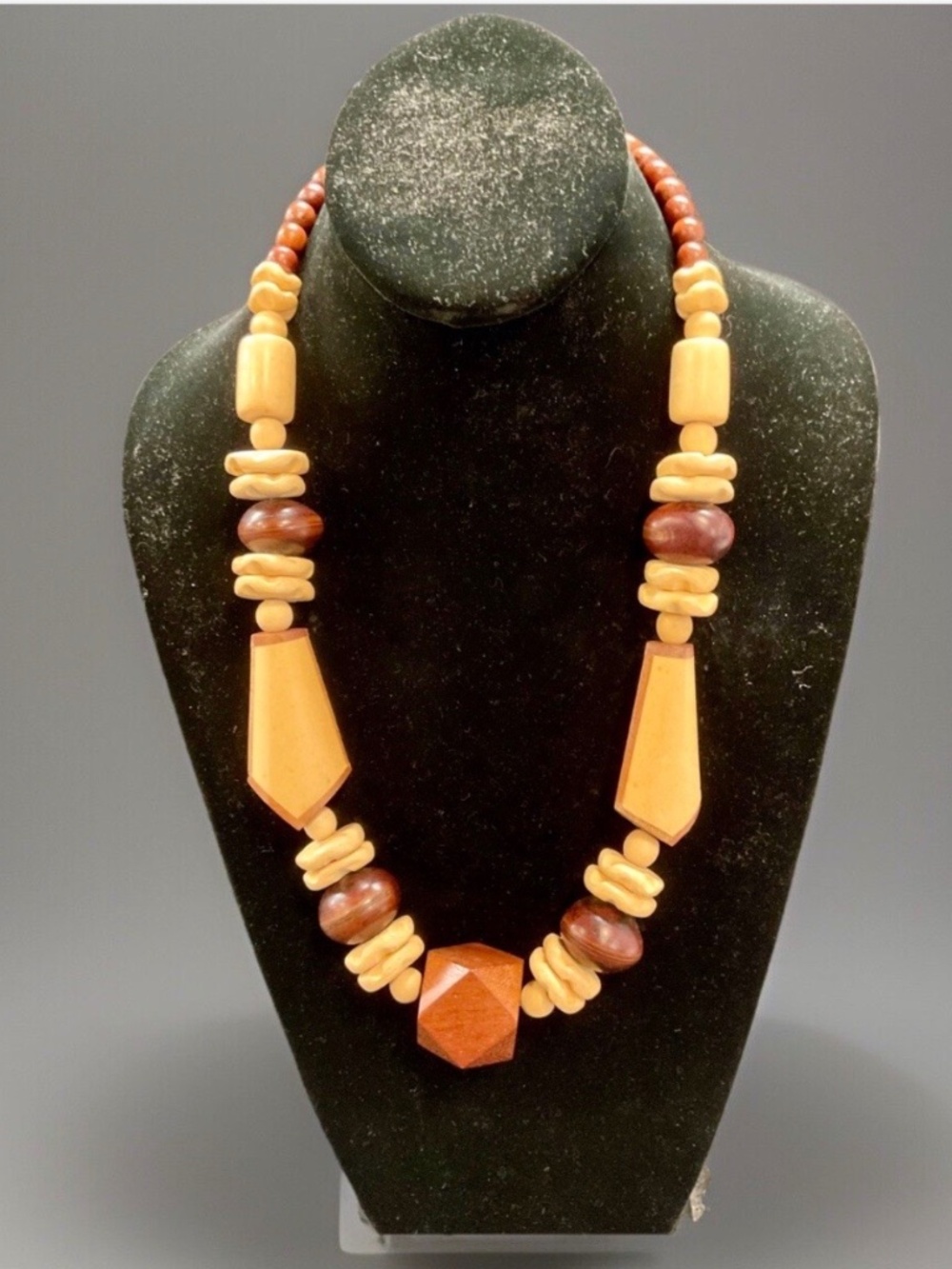 VTG Artisan Geometric Beaded Chunky Wooden Statement Necklace Boho Tribal 24”